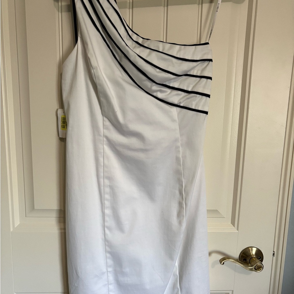 B Darlin One Shoulder Dress in White with Black Accents